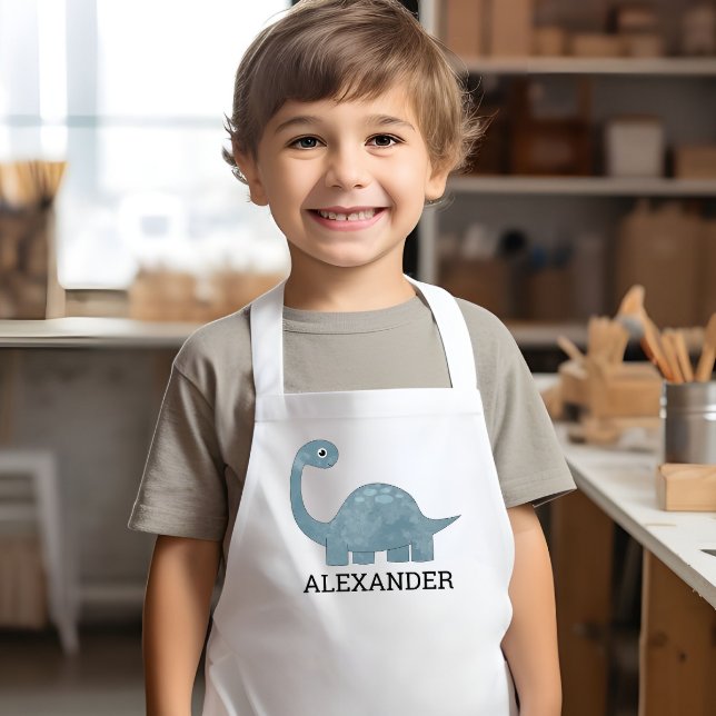 Cute Blue Grey Dinosaur Personalised Kids Apron (Creator Uploaded)
