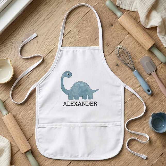 Cute Blue Grey Dinosaur Personalised Kids Apron (Creator Uploaded)