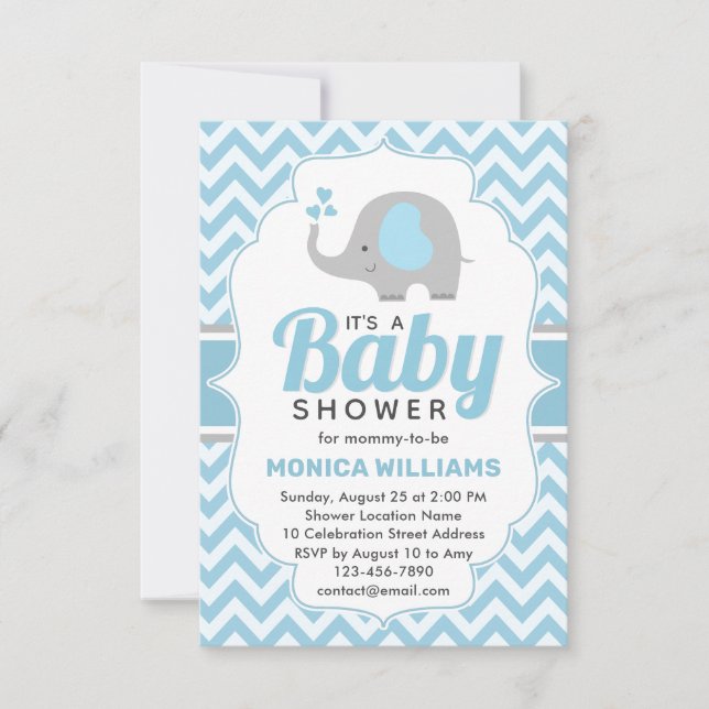 Cute Blue Grey Elephant Boy Baby Shower Invitation (Front)