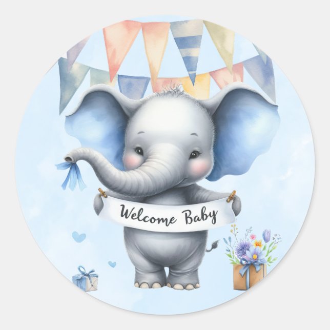 Cute Blue Grey Elephant Welcome Baby Boy Shower Classic Round Sticker (Front)