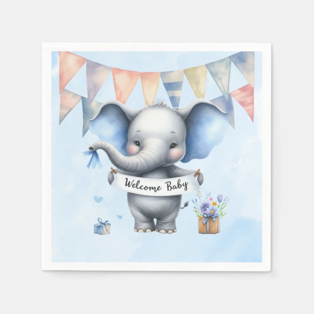 Cute Blue Grey Elephant Welcome Baby Boy Shower Napkin (Front)