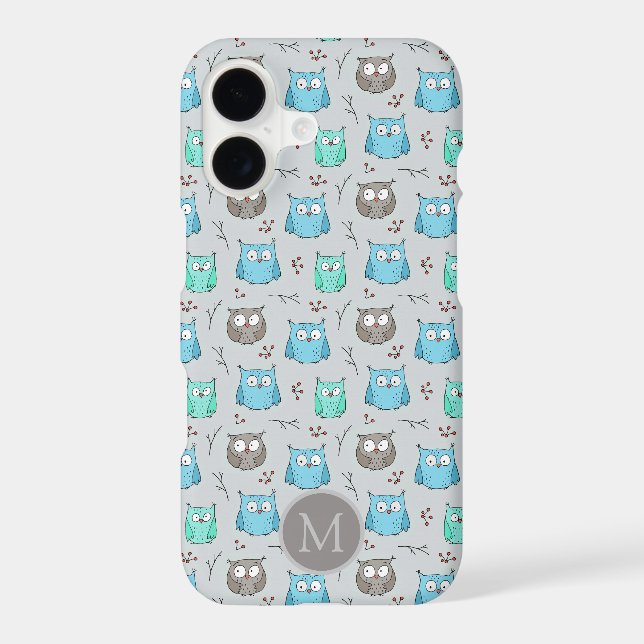 Cute Blue Grey Owl Pattern Monogram (Back)