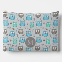 Cute Blue Grey Owl Pattern Monogram