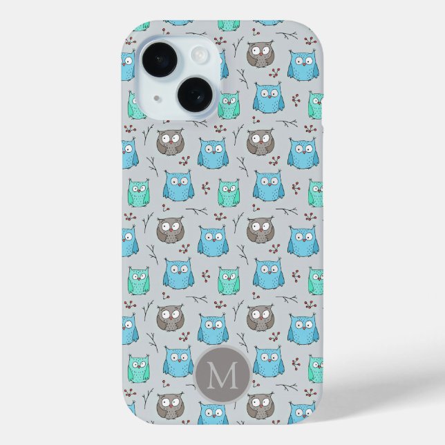 Cute Blue Grey Owl Pattern Monogram Case-Mate iPhone Case (Back)