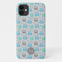 Cute Blue Grey Owl Pattern Monogram