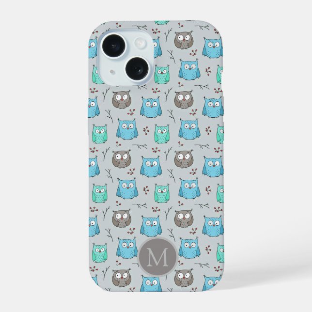 Cute Blue Grey Owl Pattern Monogram iPhone 15 Case (Back)
