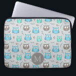 Cute Blue Grey Owl Pattern Monogram Laptop Sleeve<br><div class="desc">Cute little owls pattern in blue and grey with optional monogram.</div>