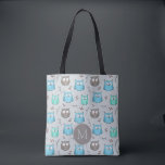 Cute Blue Grey Owl Pattern Monogram Tote Bag<br><div class="desc">Cute little owls pattern in blue and grey with optional monogram.</div>