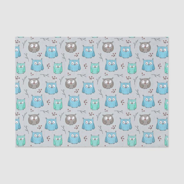 Cute Blue Grey Owl Pattern Tissue Paper (Front)