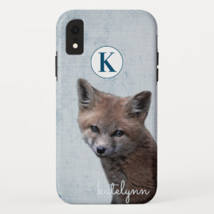Cute Blue Grey Peek-a-Boo Baby Fox Cub Monogram iPhone XR Case