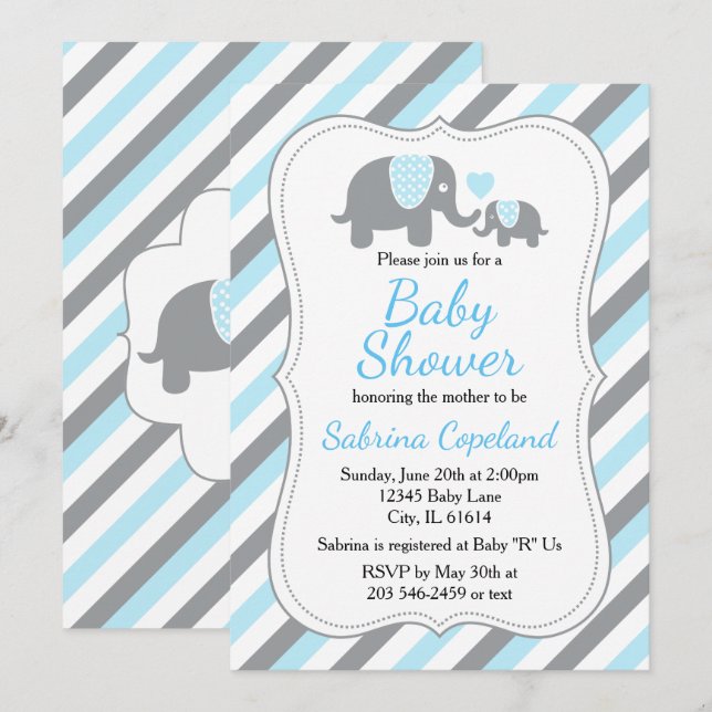 Cute Blue & Grey Stripe Elephant Baby Shower Invitation (Front/Back)