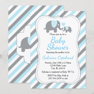 Cute Blue & Grey Stripe Elephant Baby Shower Invitation