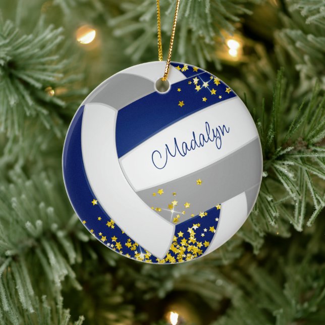 cute blue grey volleyball w gold stars ceramic tree decoration (Tree)