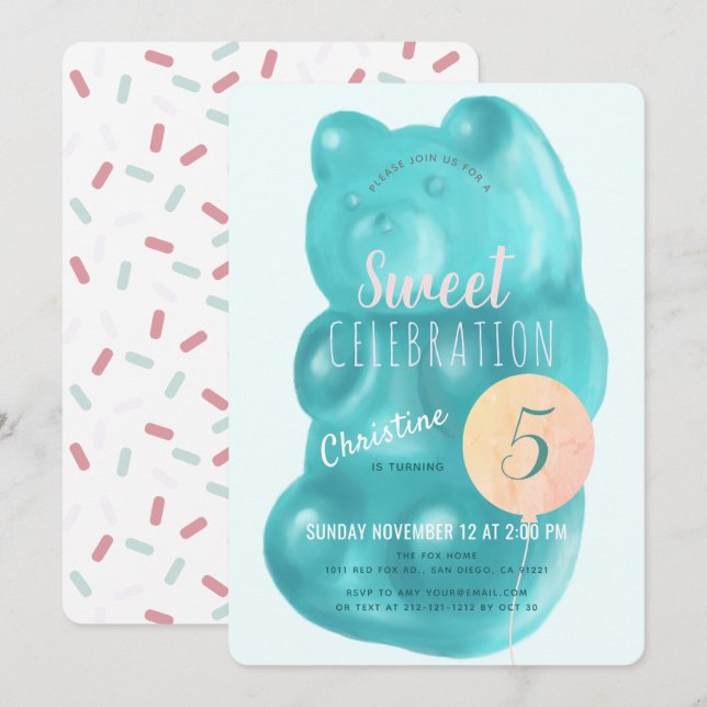 Cute Blue Gummy Bear Sweet Candy Birthday Invitation (Front/Back)