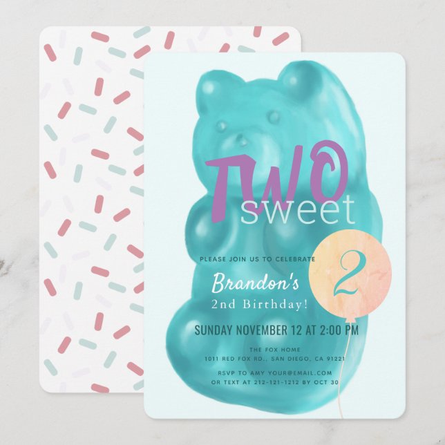 Cute Blue Gummy Bear Two Sweet 2nd Birthday Invitation (Front/Back)