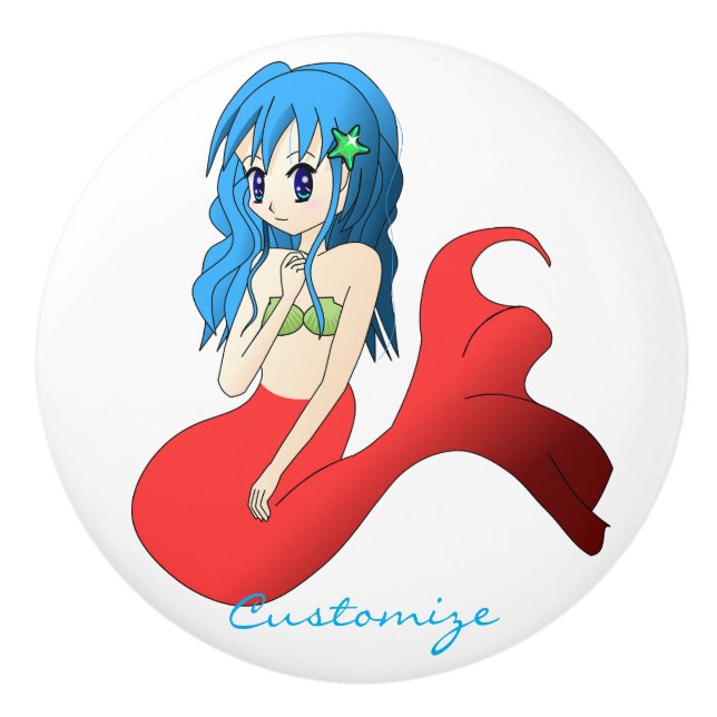 Cute Blue-haired Mermaid Thunder_Cove Ceramic Knob (Front)