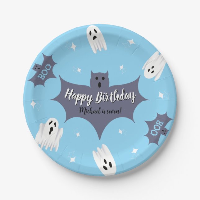 Cute Blue Halloween Birthday Party Paper Plate (Front)
