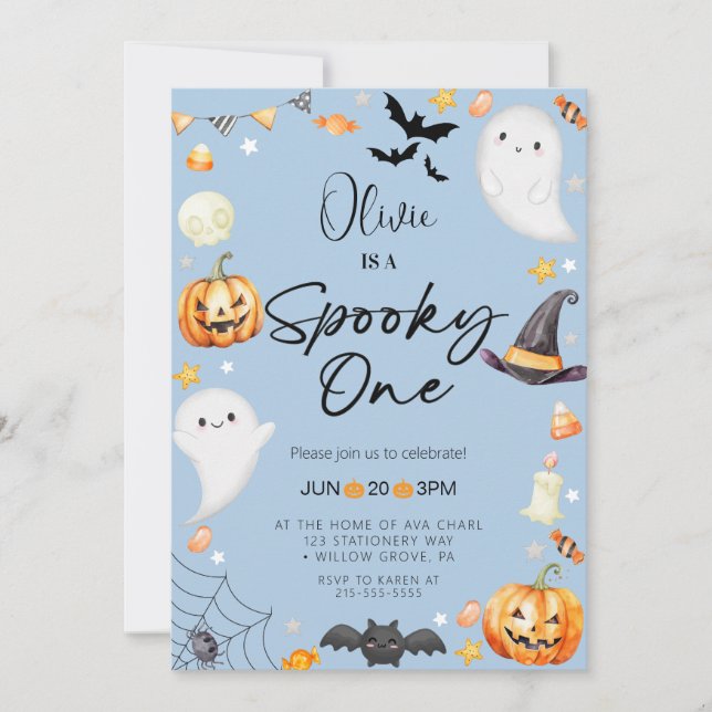 Cute Blue Halloween Ghost 1st Boy Birthday Invitation (Front)