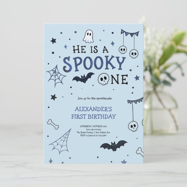 Cute Blue Halloween Ghost Birthday Party Invitation (Standing Front)