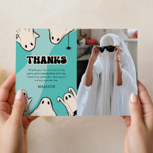 Cute Blue Halloween Photo Birthday Thank You Card
