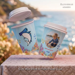 Cute Blue Hammerhead Shark Ocean Birthday Photo Paper Cups