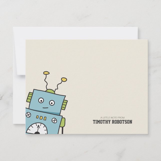 Cute Blue Hand Drawn Robot Note Card (Front)