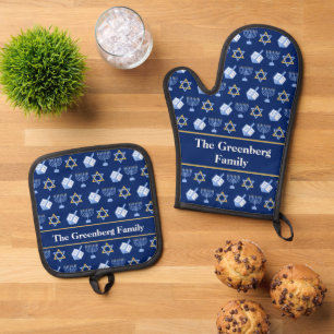 Cute Blue Hanukkah Pattern Personalised Oven Mitt & Pot Holder Set