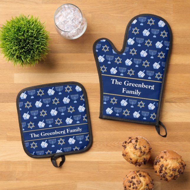Cute Blue Hanukkah Pattern Personalised Oven Mitt & Pot Holder Set (Top Down)