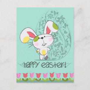 Cute Blue Happy Easter cartoon bunny Holiday Postcard