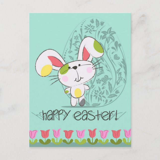 Cute Blue Happy Easter cartoon bunny Holiday Postcard (Front)