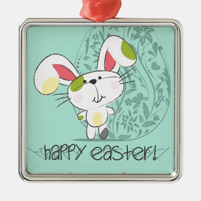 Cute Blue Happy Easter cartoon bunny Metal Tree Decoration (Front)