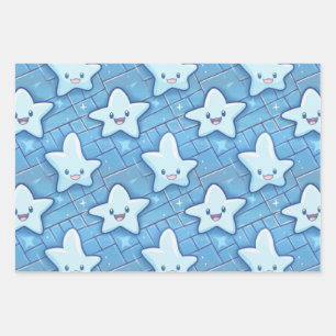 Cute Blue Happy Stars Kids Baby Nursery Pattern Wrapping Paper Sheet