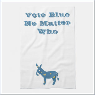 Cute Blue Heart Donkey VOTE BLUE Tea Towel