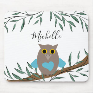 Cute Blue Heart Owl Branch Leaves Name  Mouse Mat