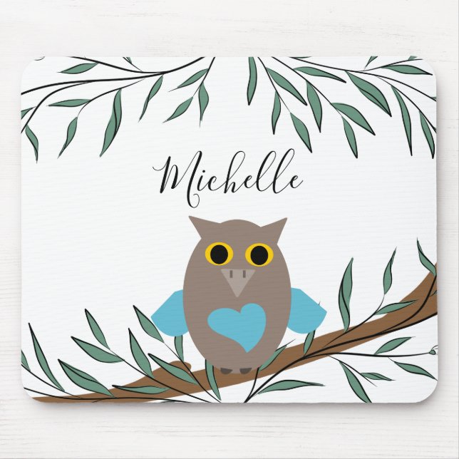 Cute Blue Heart Owl Branch Leaves Name  Mouse Mat (Front)