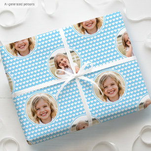 Cute Blue Hearts Kids Birthday Photo Wrapping Paper