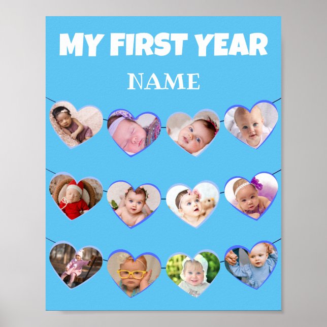 Cute Blue Hearts My First Year 12 Photo Collage Po Poster (Front)