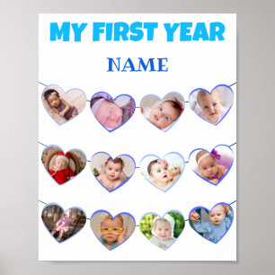 Cute Blue Hearts My First Year 12 Photo Collage Poster