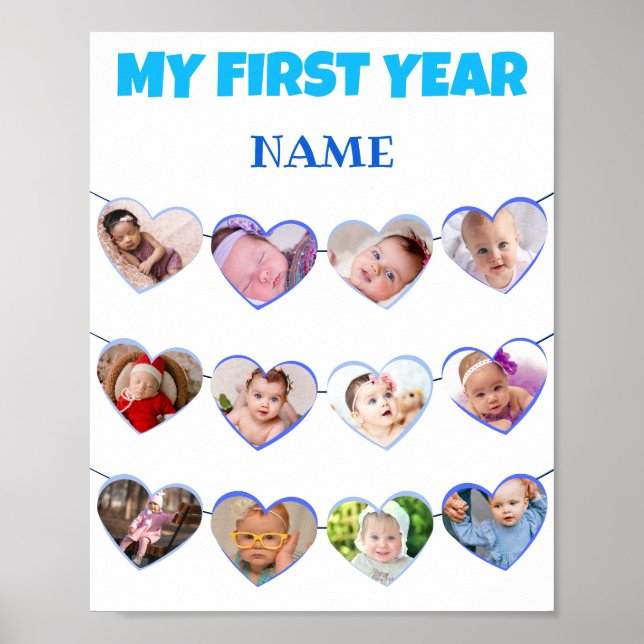 Cute Blue Hearts My First Year 12 Photo Collage Poster (Front)