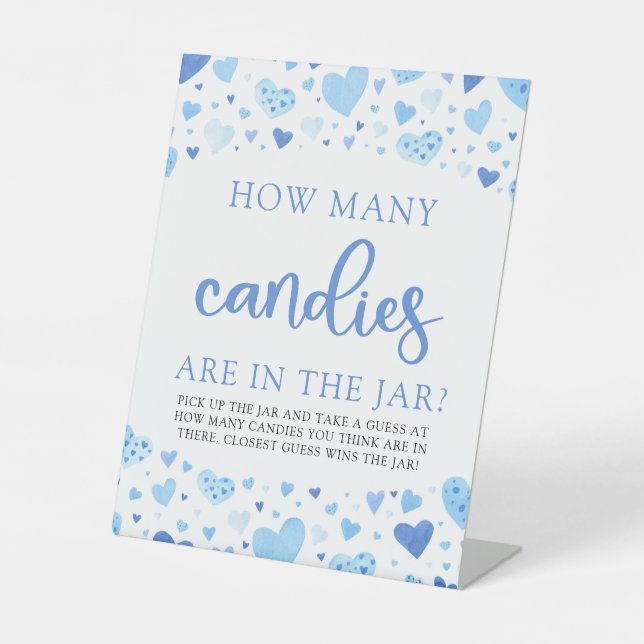 Cute Blue Hearts Valentine How Many Candies Games Pedestal Sign (Front)