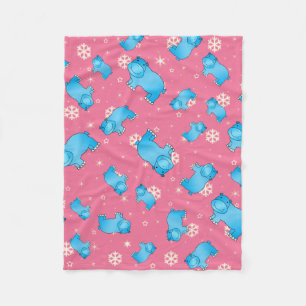 Cute blue hippo christmas pink snowflakes fleece blanket