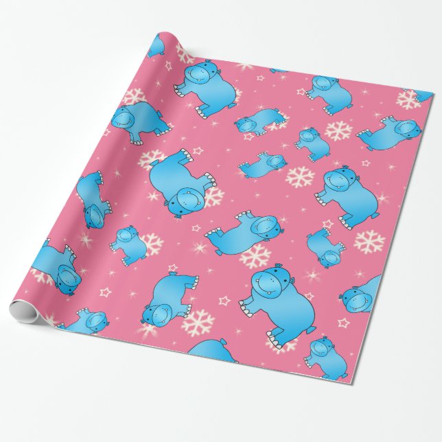 Cute blue hippo christmas pink snowflakes wrapping paper (Unrolled)
