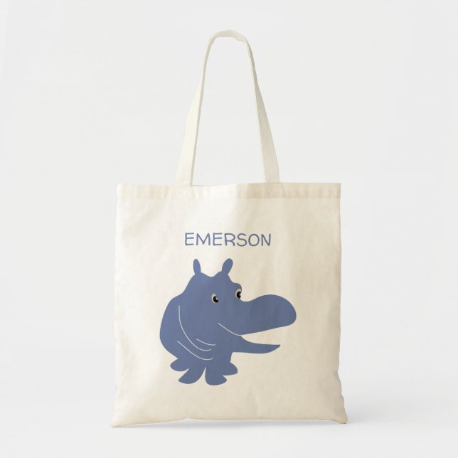 Cute Blue Hippo Hippopotamus Personalized Tote Bag (Front)