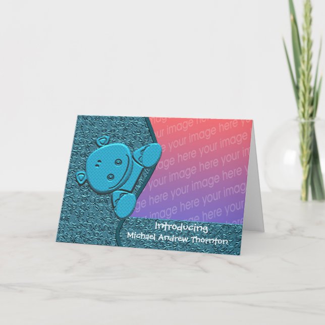 Cute Blue Hippo New Baby Photo Announcement (Front)