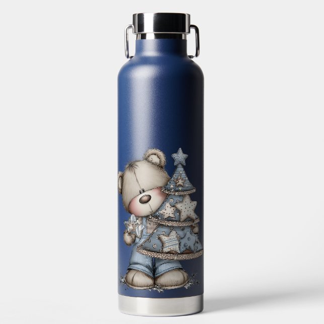 CUTE BLUE HOLIDAY WINTER TEDDY BEARS WATER BOTTLE (Front)
