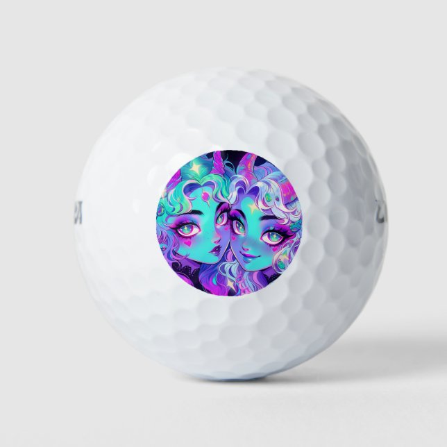 Cute Blue Horned Alien Twins Anime Girls Golf Balls (Front)