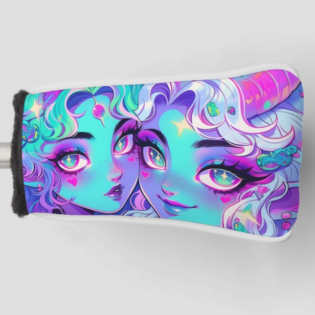 Cute Blue Horned Alien Twins Anime Girls Golf Head Cover (Front)