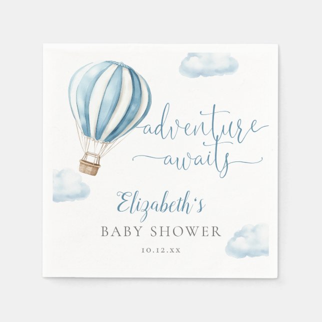 Cute Blue Hot Air Balloon Boy Baby Shower Napkin (Front)