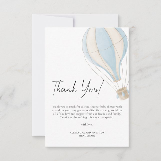 Cute Blue Hot Air Balloon Boy Baby Shower Thank You Card (Front)