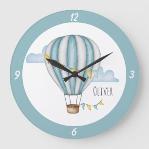 Cute Blue Hot Air Balloon Watercolor Large Clock